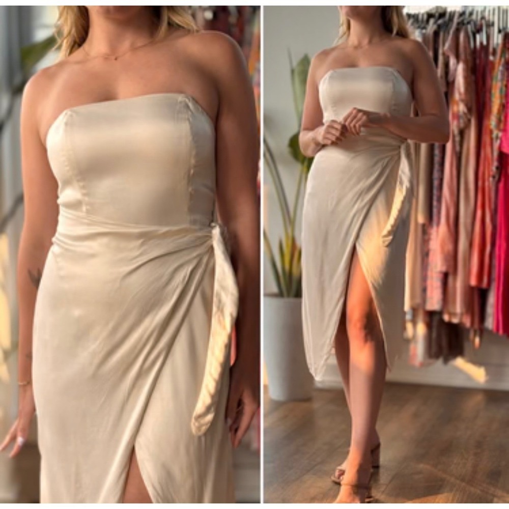 LPA Revolve Slip Midi Dress Champagne Satin‎ Wrap Tie Adjustable Straps Medium - Picture 10 of 10